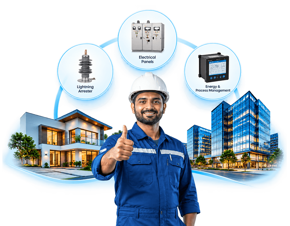 Amrutha Electricals technician giving a thumbs up, with lightning arresters, electrical panels and energy management solutions for homes and commercial buildings